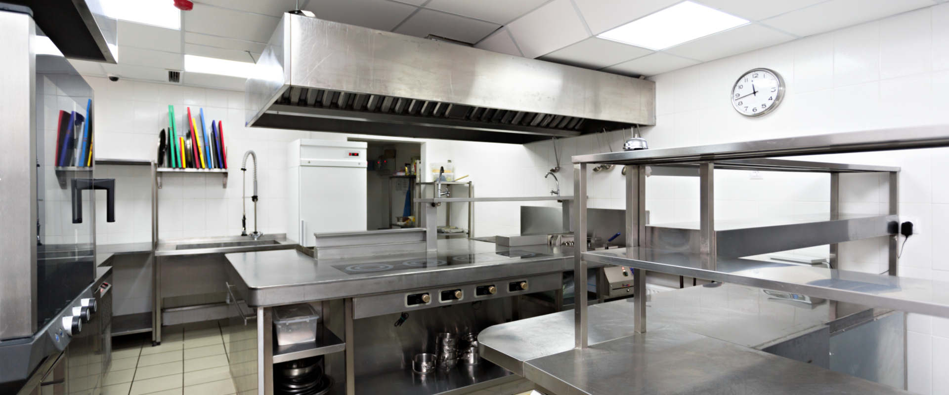 View of a clean professional kitchen.