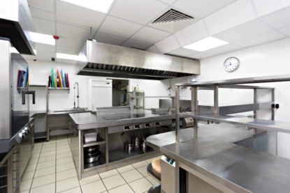 View of a clean professional kitchen.